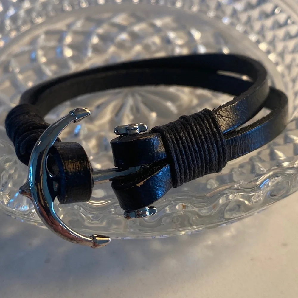 Black Leather Anchor Wrap Bracelet - Unbranded Unisex
